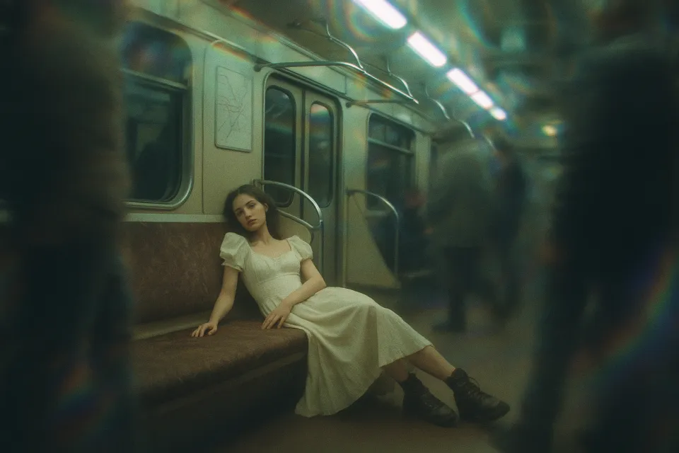 Joven mujer en un vestido blanco, descansando en un banco en el metro
