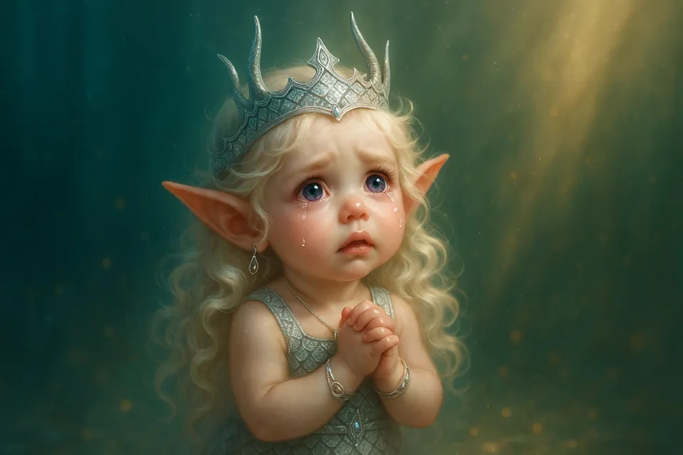 Pequeña elfa con cabello largo y corona llorando en el mundo submarino