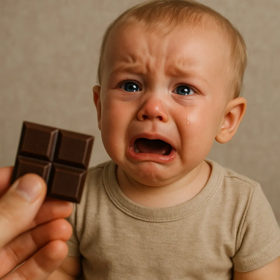 A child looks sadly at the chocolate in an adult's hands
