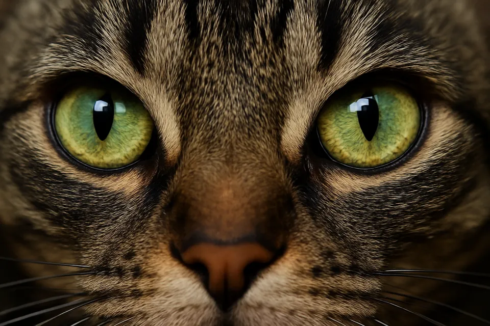 Primer plano de los ojos de un gato doméstico con brillantes pupilas verdes