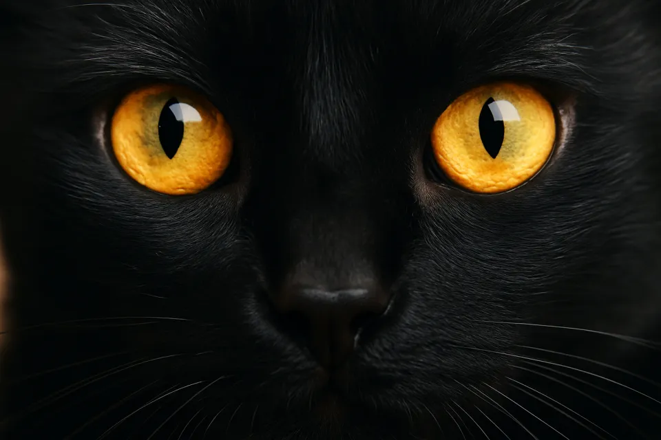 Primer plano de un gato negro con ojos naranja brillante y pelaje detallado