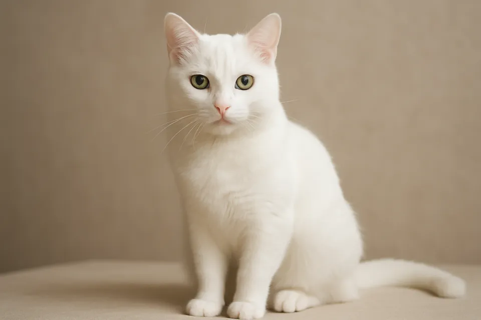 White cat with green eyes sitting on a smooth surface