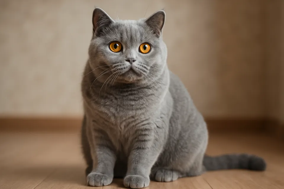 Gato británico gris con grandes ojos ámbar sobre un suelo de madera