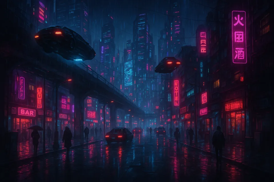 Picturesque night cyberpunk city with neon lights and rain