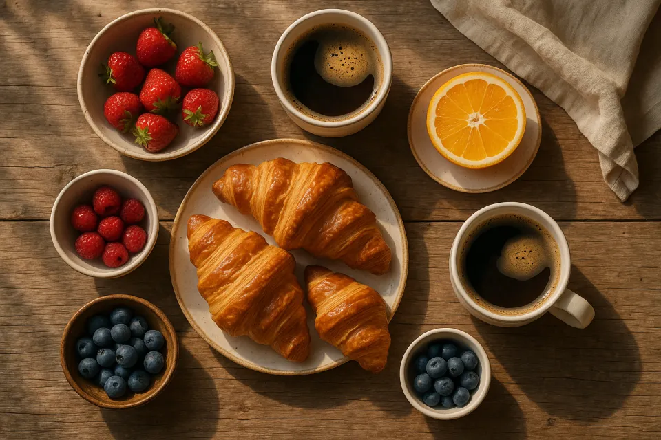 The composition of a classic morning breakfast: croissants, coffee, and fresh berries
