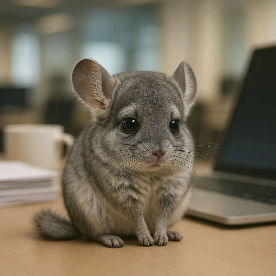 Chinchilla de grandes ojos sentada en la mesa de la oficina
