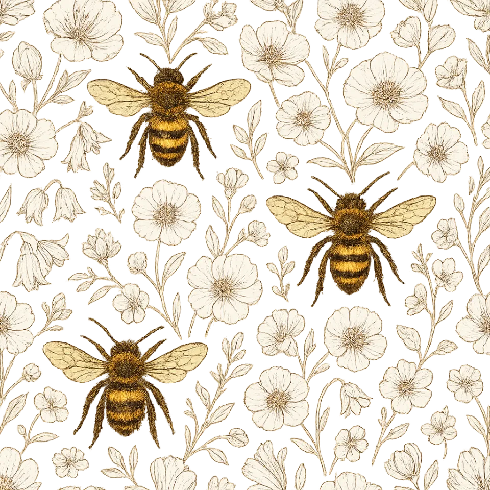 Illustration with bees and flowers on a dark background