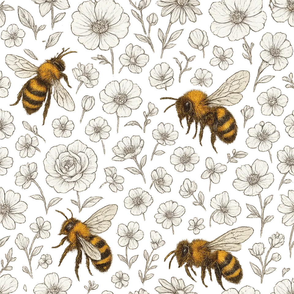 Illustration featuring bees and various flowers on a black background