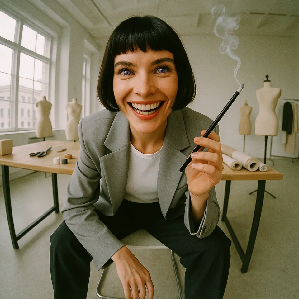 Chica feliz en una chaqueta gris en un estudio moderno con humo del lápiz