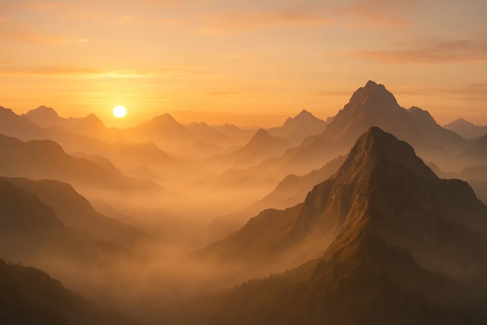 Landscape with mountains and sunrise against a foggy background