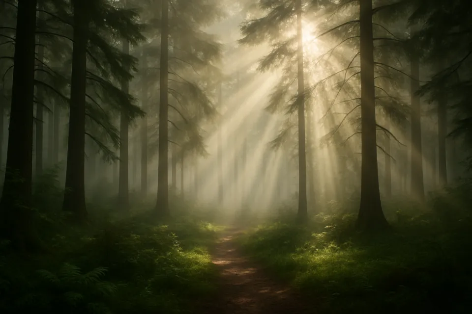 Forest trail surrounded by tall trees and sun rays