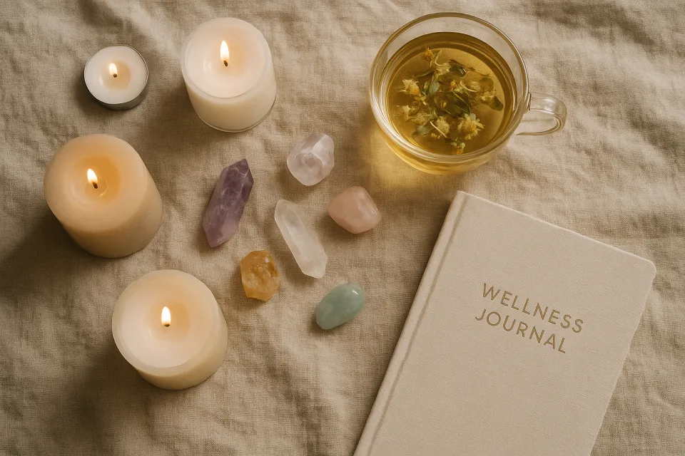Table with Candles, Crystals, and a Healing Journal