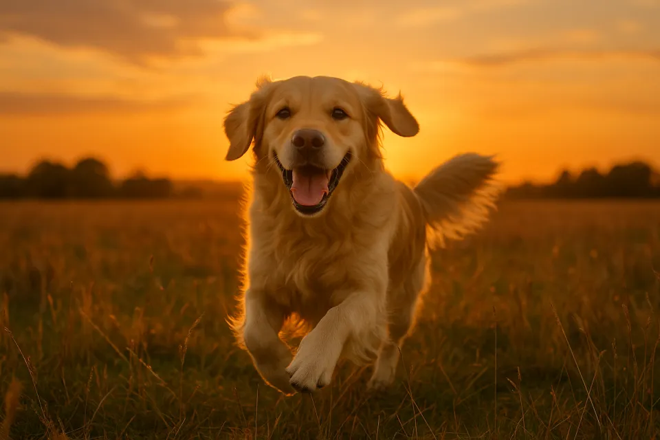 Golden Retriever corre por el campo contra un brillante atardecer