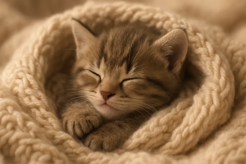 Gatito con los ojos cerrados acurrucado en una manta cálida