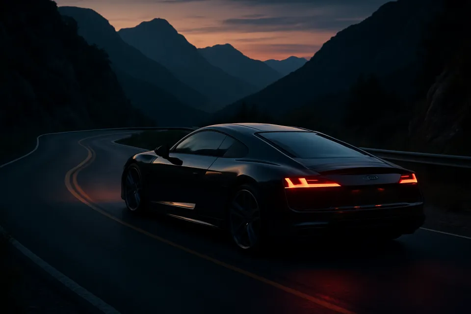 Modern sports car on a winding road in the mountains at sunset
