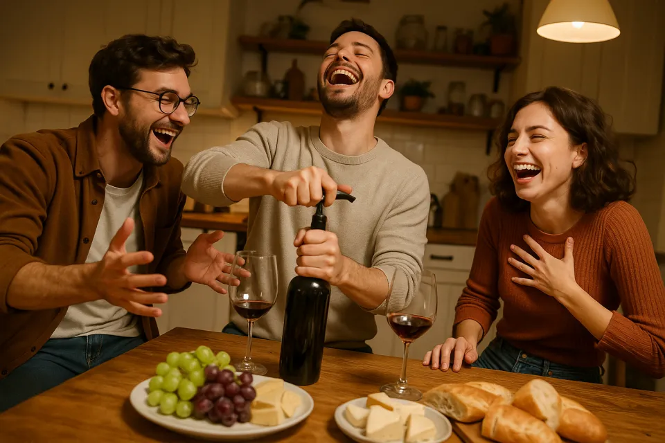 Tres amigos riendo, disfrutando de vino y aperitivos
