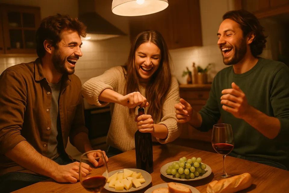 Un grupo de amigos se divierte alrededor de la mesa con vino y bocados