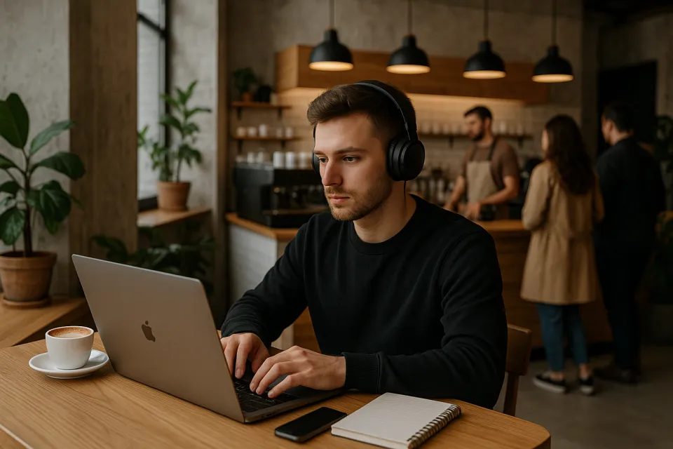 Hombre con auriculares trabajando en una computadora portátil en una acogedora cafetería