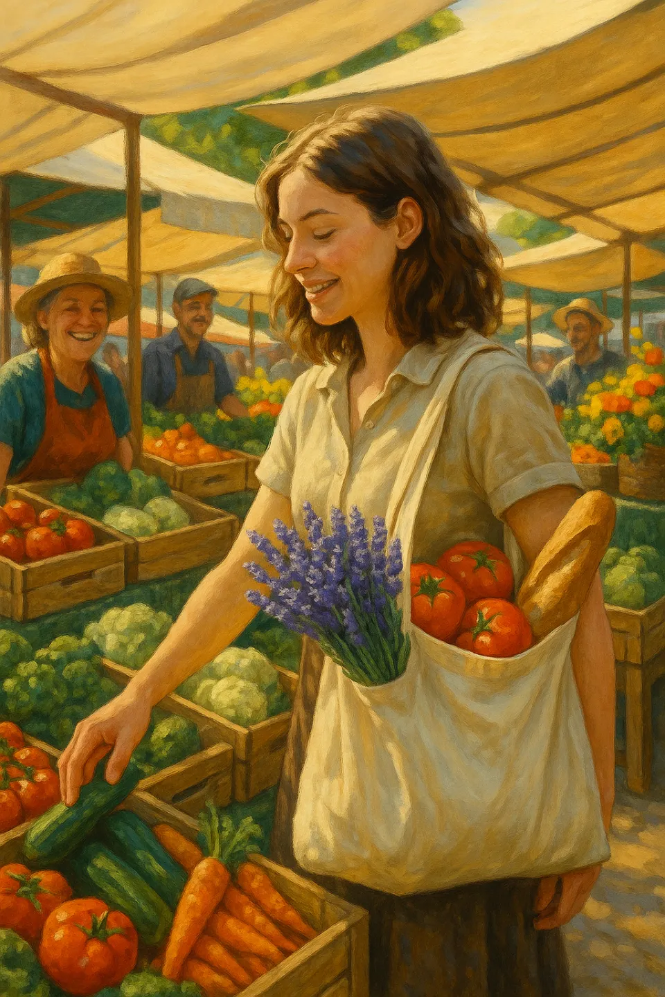 Молодая женщина с сумкой, полной овощей и лавандой, на рынке