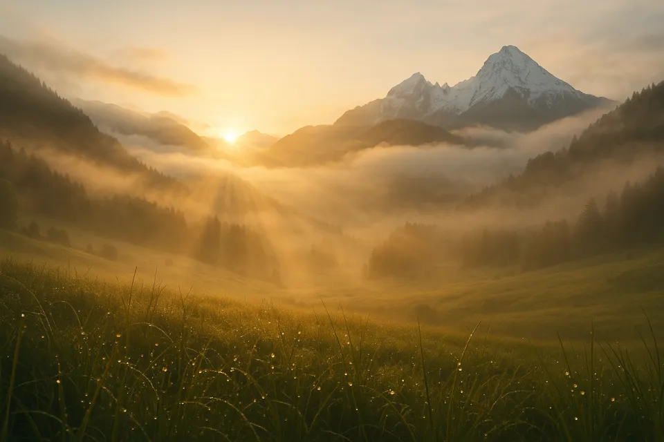Misty Mountain Landscape at Sunrise with Dew on the Grass