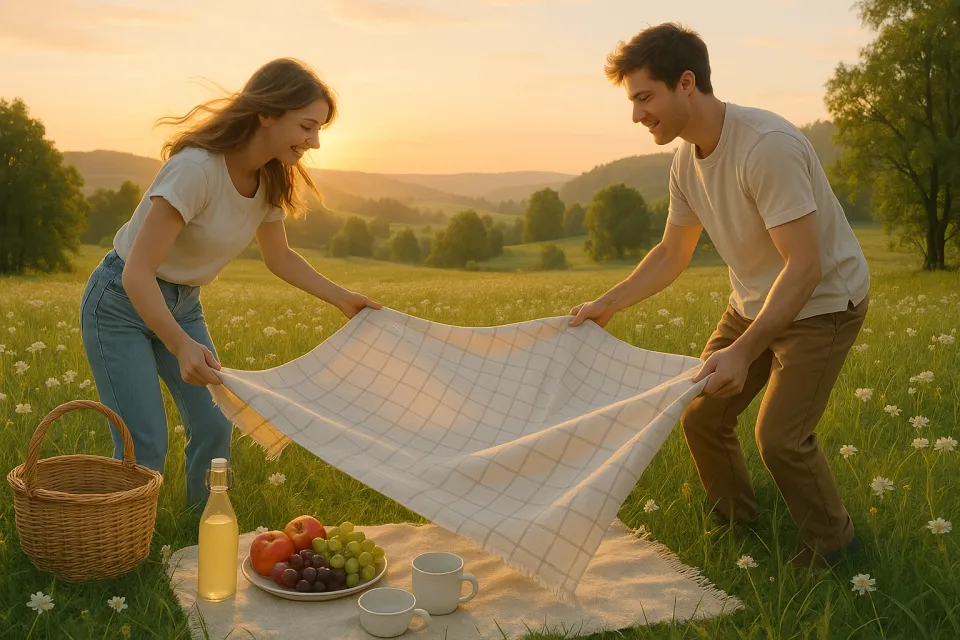 Una pareja está preparando una manta para un picnic en un campo verde