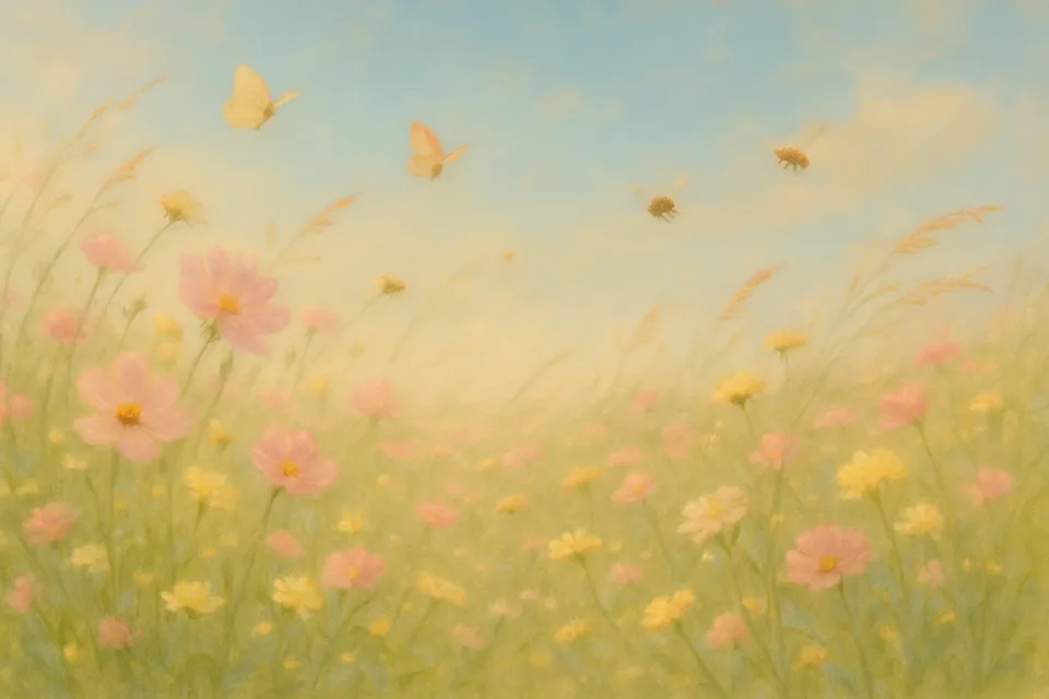 Tender landscape with flowers and butterflies under a blue sky