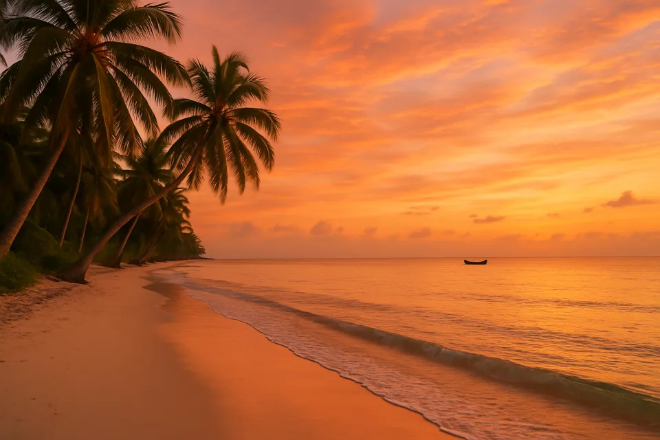 Calm beach with palm trees and a sunset sky