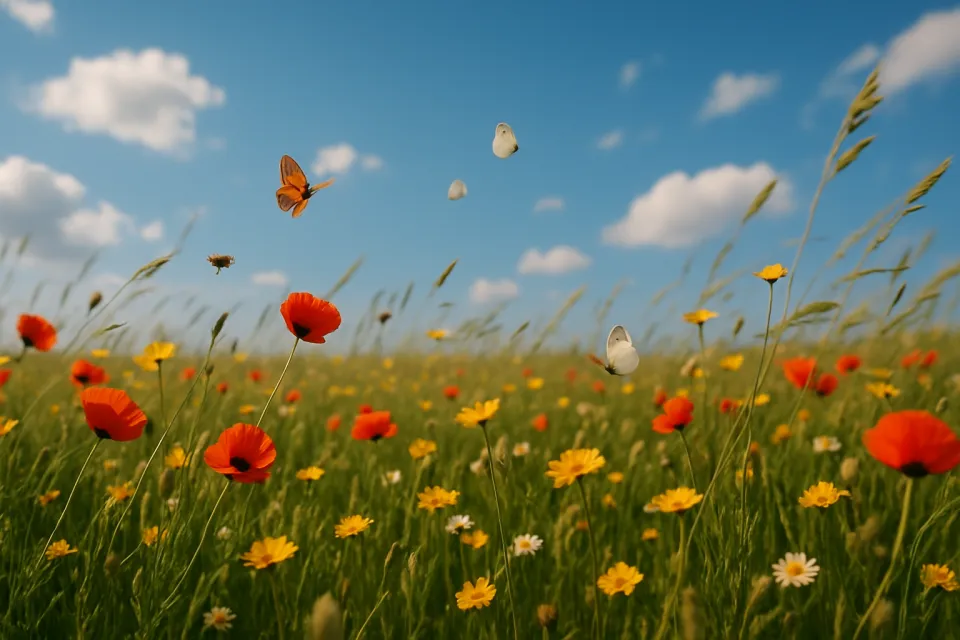 Butterflies fluttering above bright flowers in a blooming field