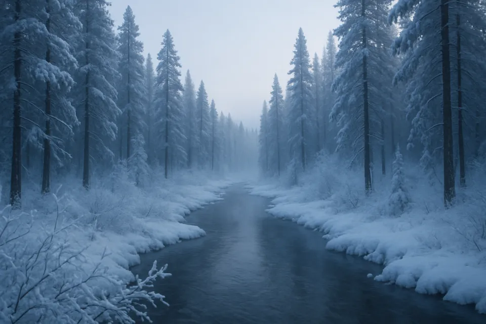 Snowy forest with a river against the backdrop of a misty winter morning