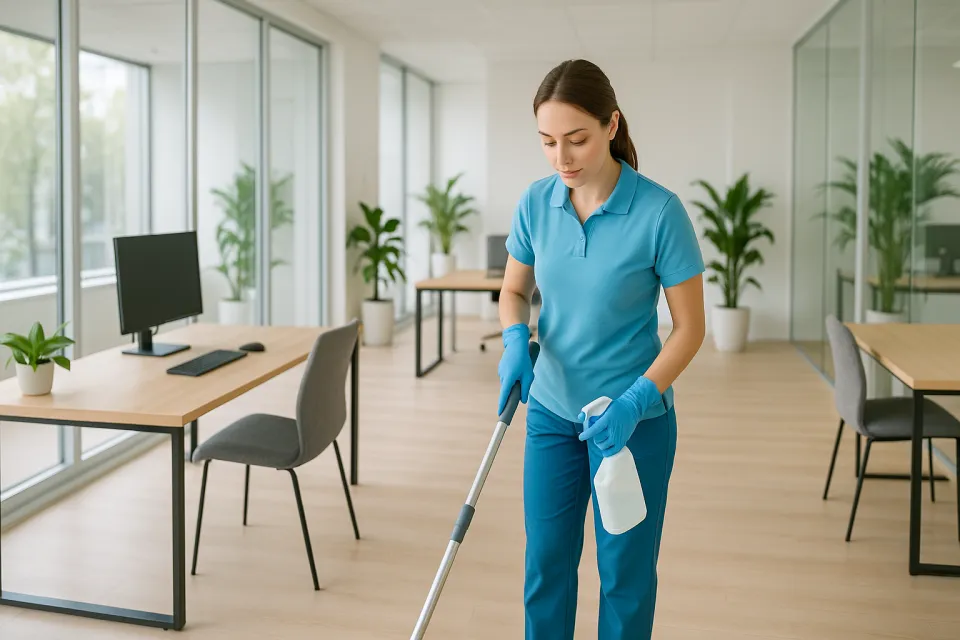 Woman in a blue uniform cleaning an office space with plants