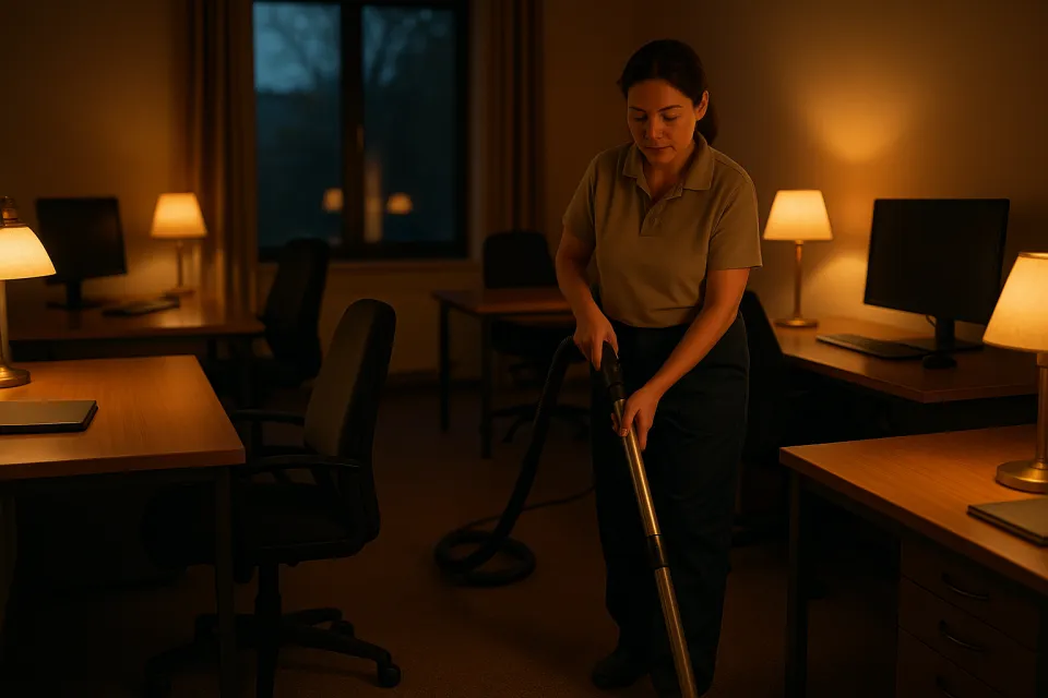 A woman is cleaning the office using a vacuum cleaner in dim light
