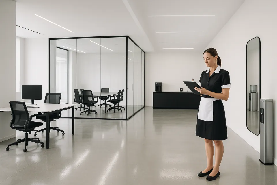 Limpiadora en una oficina decorada en estilo minimalista con paredes de vidrio