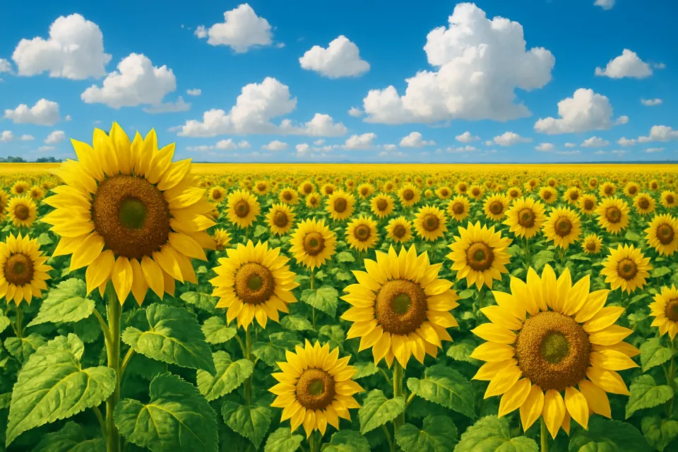 Panorama of a field of sunflowers against the backdrop of a blue sky and clouds