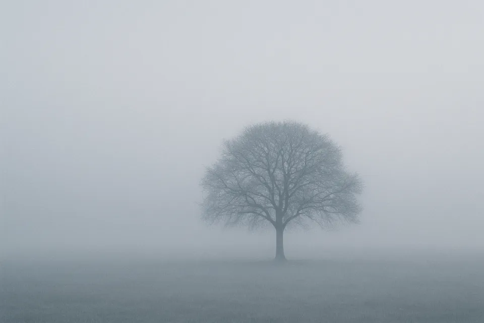 Silueta de un árbol contra un paisaje brumoso y gris