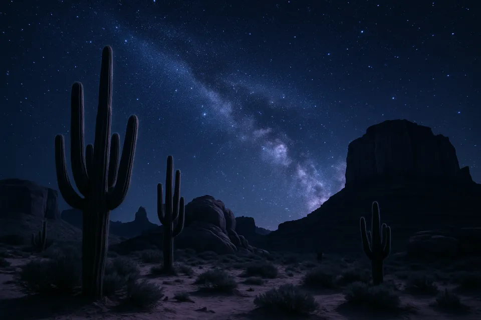 Cielo nocturno con brillantes estrellas y la Vía Láctea sobre los cactus