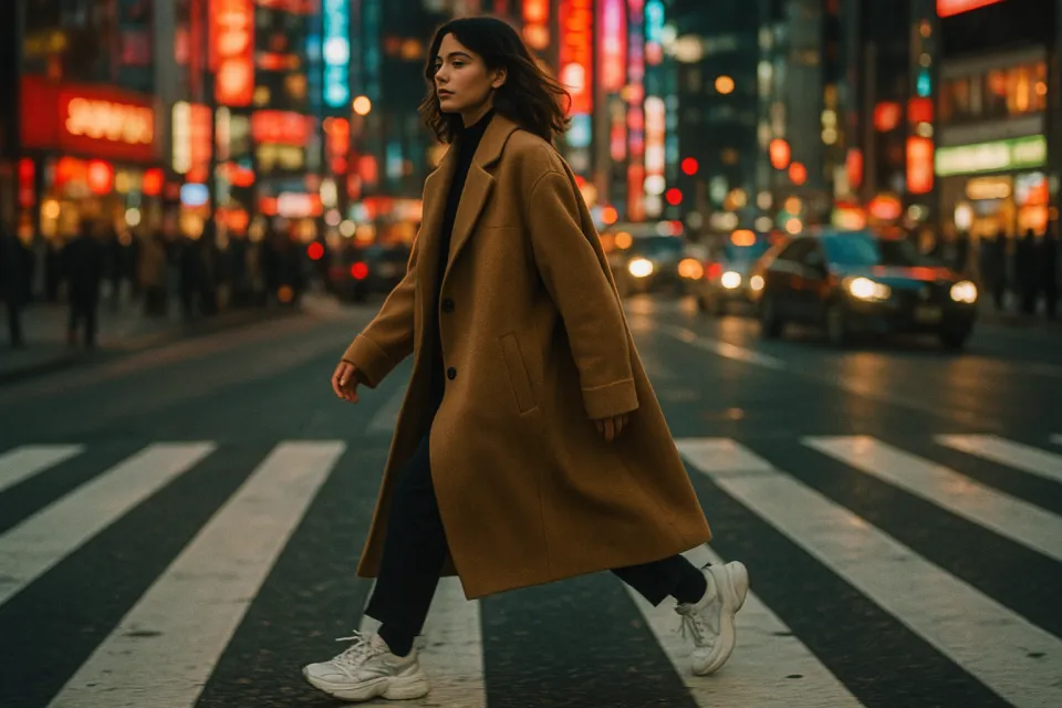 Joven mujer con abrigo marrón cruzando la calle con las luces brillantes de la ciudad