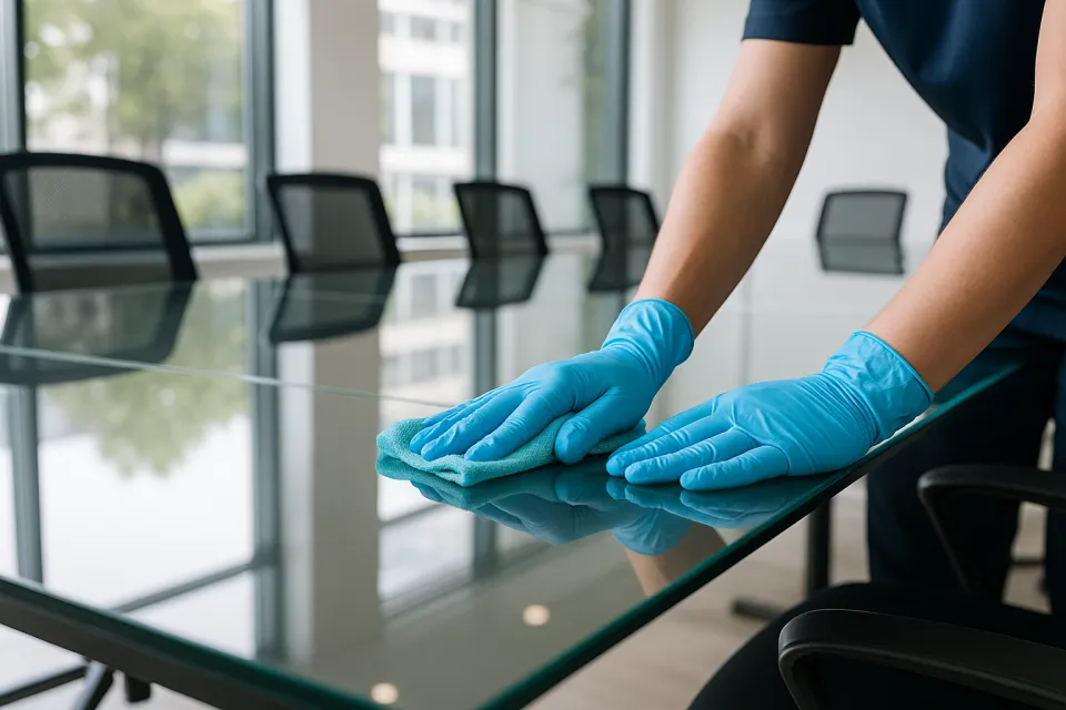 Worker in rubber gloves cleaning a glass desk in the office