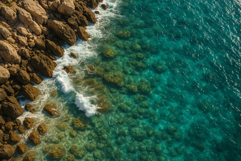 Foto de la costa con agua cristalina y grandes piedras