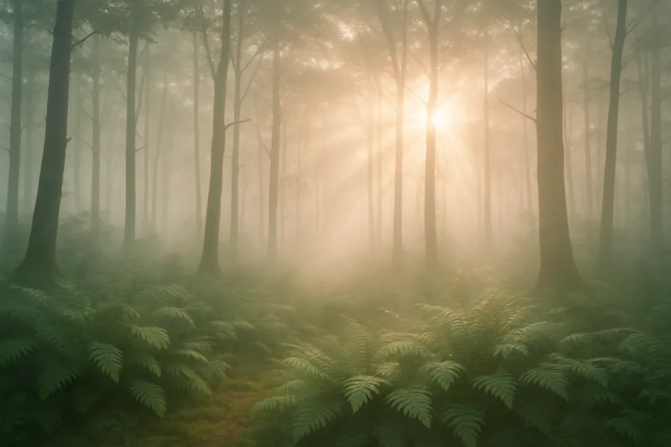 Landscape of a Foggy Forest with Sun Rays and Green Ferns