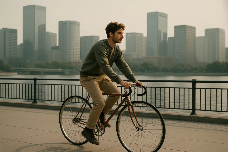 Joven montando en bicicleta junto al río en un entorno urbano