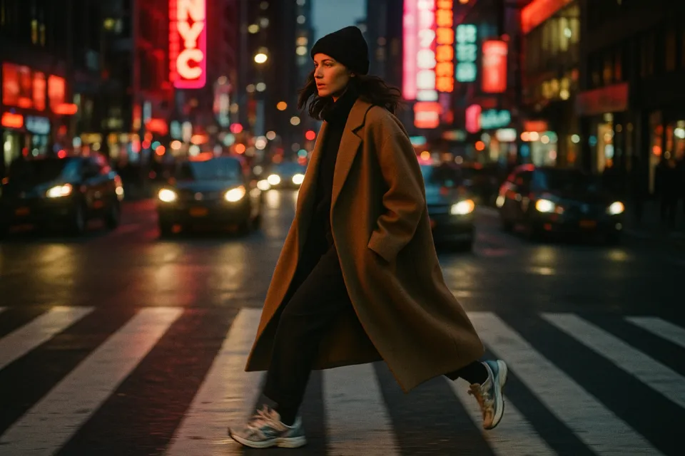 Mujer con un chal y un gorro en una intersección de Nueva York