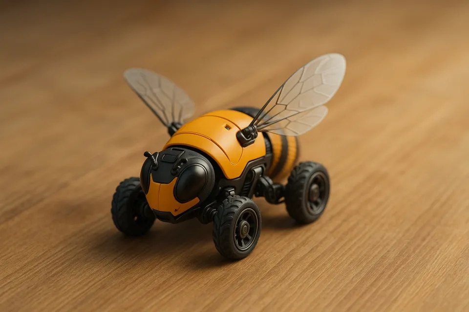Imagen de un robot avispón con ruedas y alas transparentes