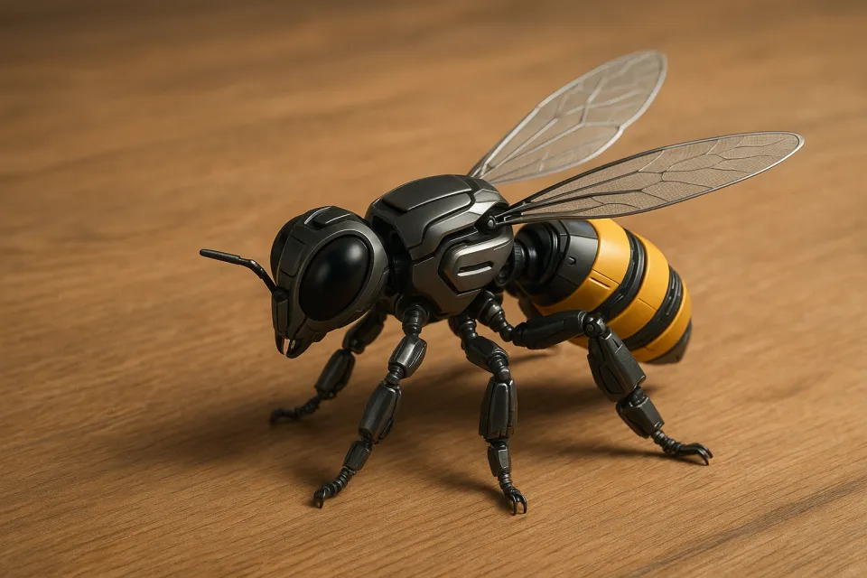 Abeja robótica con color negro y amarillo sobre una mesa