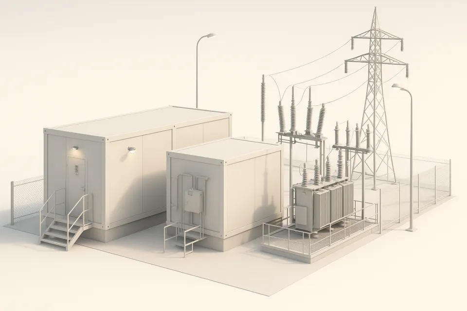 Imagen detallada de una subestación eléctrica con transformadores, cables y iluminación