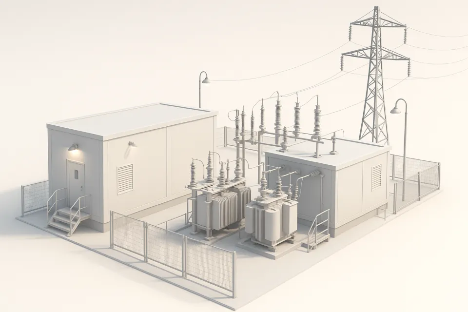 Vista de una estación eléctrica con transformadores y postes