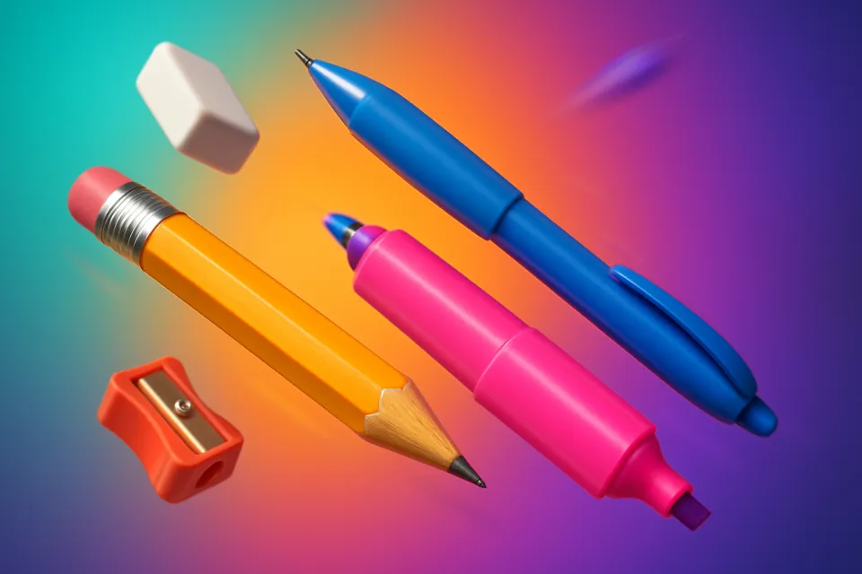 Conjunto de bolígrafos de colores, lápiz y goma de borrar sobre un fondo de gradiente