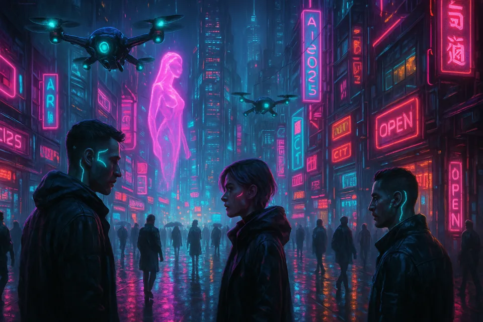 Heroes face off against each other against the backdrop of a neon megapolis