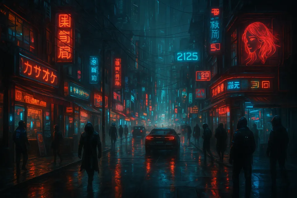 Dark urban landscape with neon lights and hooded figures