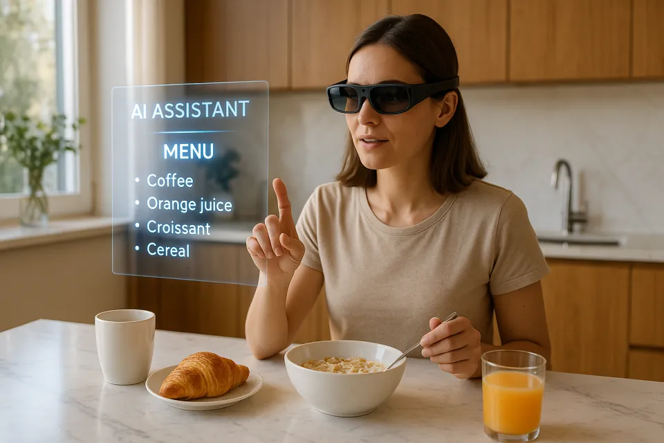 Woman in glasses managing the smart assistant menu during breakfast