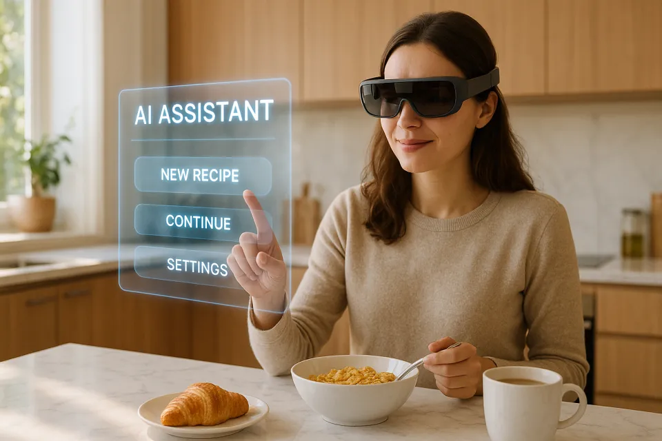 Mujer con gafas inteligentes usa un asistente de IA en la cocina
